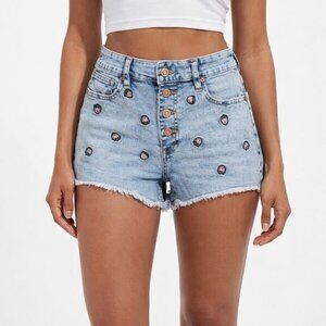 No Boundaries NWT Strawberry Embroidered Mom Shorts Juniors Size 7 Denim Raw Hem